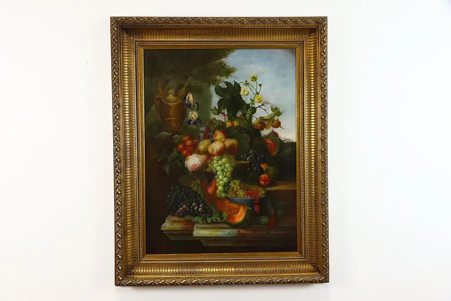 Main image of Still Life Roses & Fruit Original Vintage Oil Painting, Gilt Frame 52"