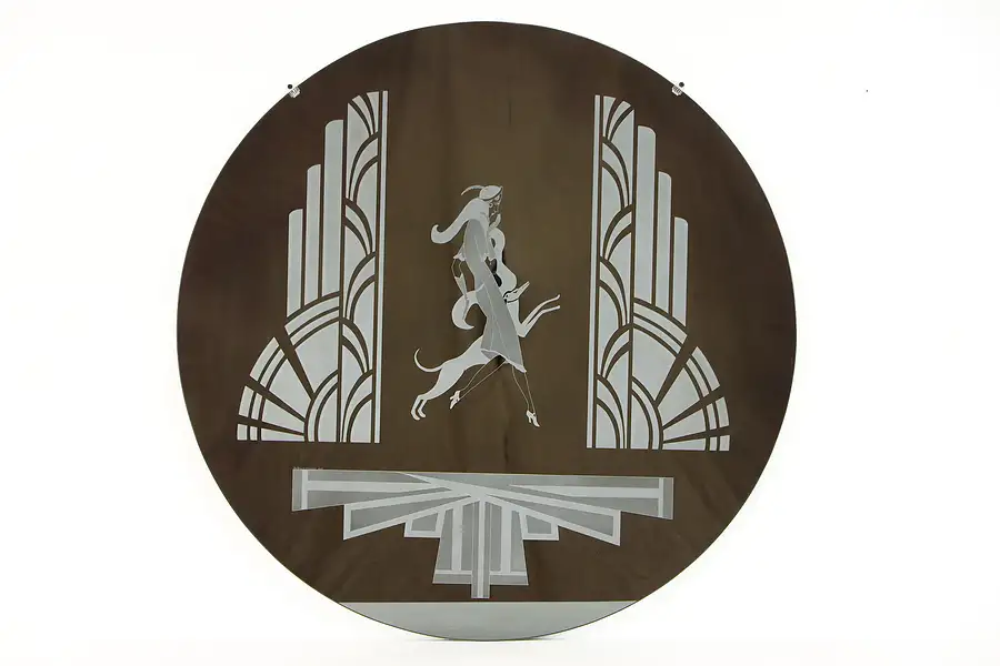 Main image of Art Deco Vintage Round Etched Mirror, Flapper Woman With Greyhound