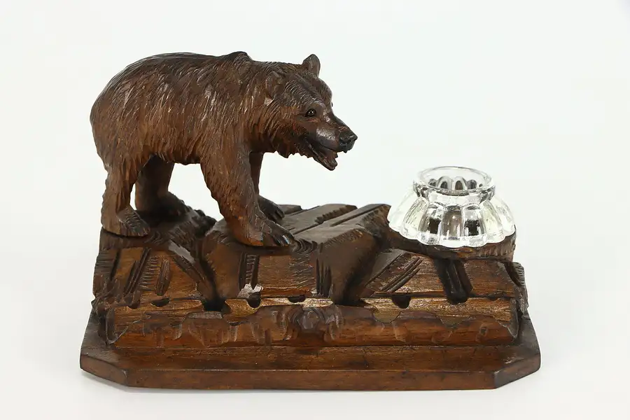 Main image of Black Forest Carved Bear Antique Inkstand With Glass Inkwell