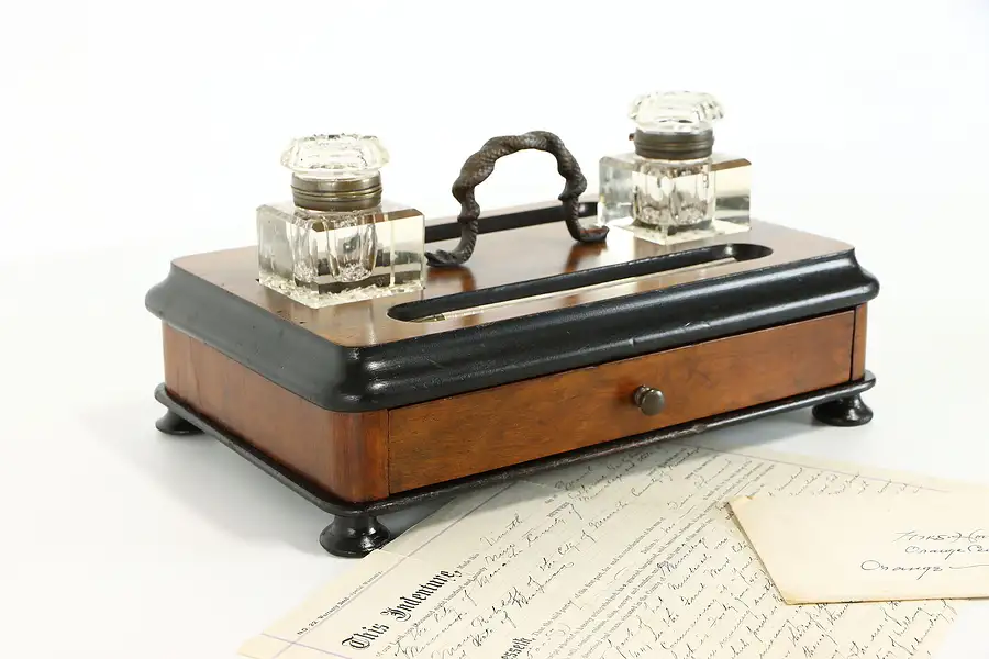 Main image of Victorian Antique Desk Inkstand, Two Inkwells & Silver Pen