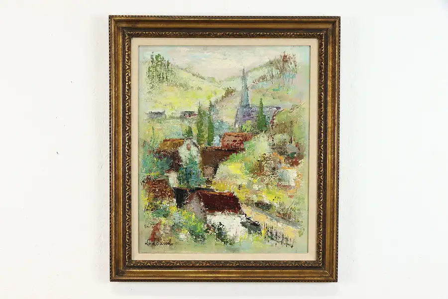 Main image of Village Springtime Scene Vintage Original Oil Painting, L. Loursel 28"