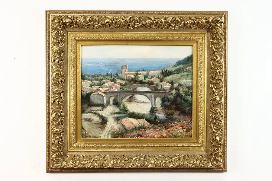 Main image of Village on the Mediterranean Vintage Original Oil Painting, signed 38"