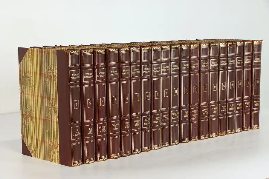 Main image of Set of 19 Swedish Gold Tooled Leatherbound Vintage Encyclopedia Books