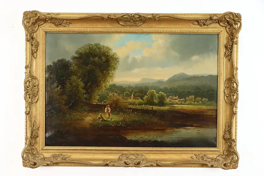 Main image of English Scene with Children Original Antique Oil Painting Hargreaves, 37"