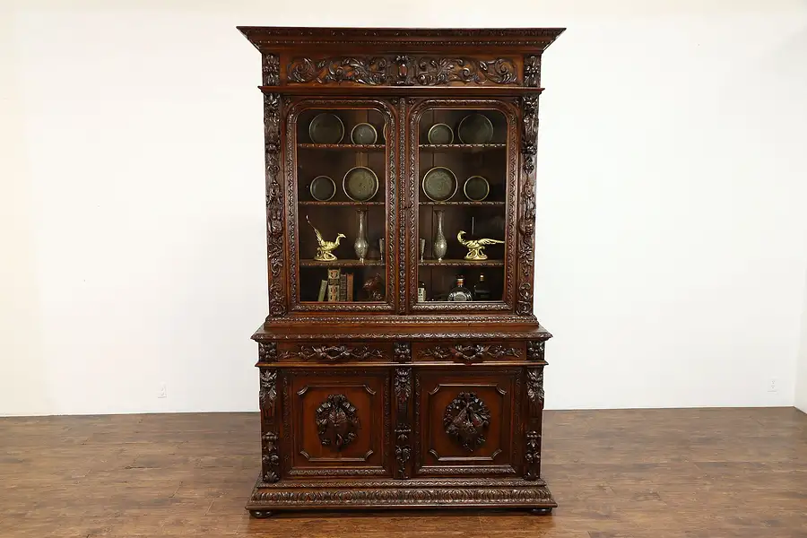 Main image of Black Forest Antique Carved Oak Farmhouse Bookcase, Display, Hunt Cabinet