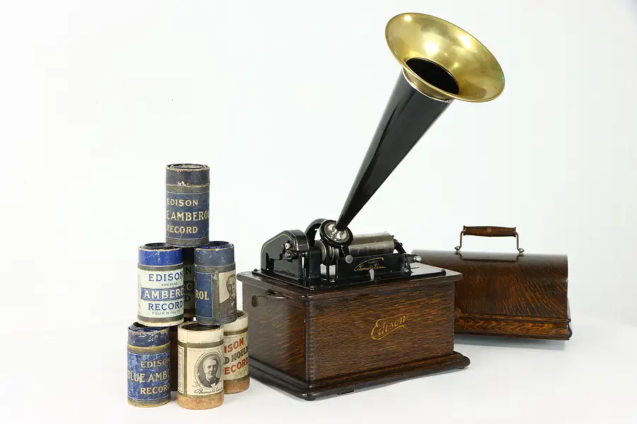 Main image of Edison Antique Oak Standard Gem Phonograph, Brass Horn, Cylinder Records