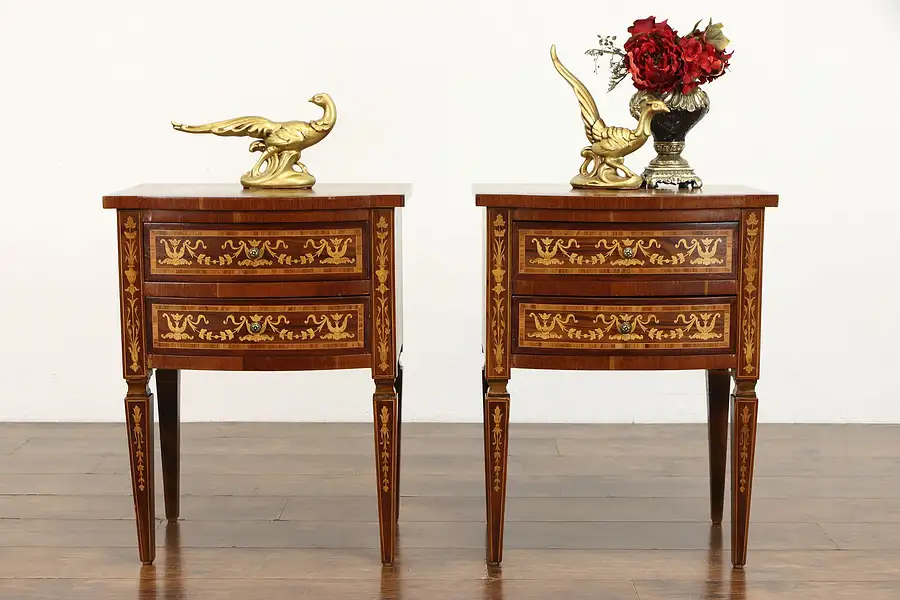 Main image of Pair of Antique Rose & Satinwood Marquetry Nightstands or End Tables