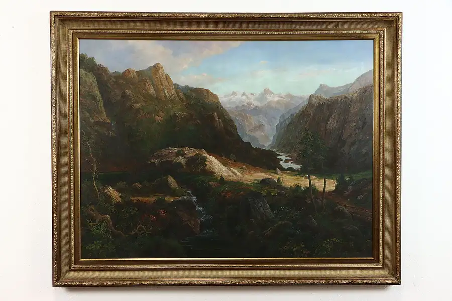 Main image of Mountain Stream Landscape, Original Vintage Oil Painting, Roch Hand 56"