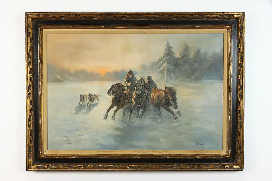 Main image of Troika Russian Scene Original Vintage Oil Painting, J. Kamich, 44"