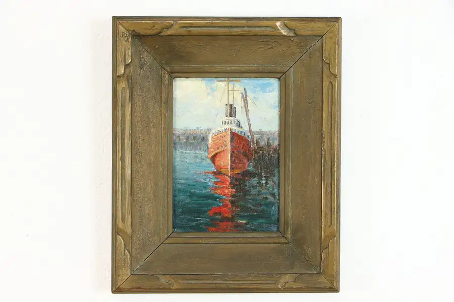 Main image of Ship at Dock Original Antique Oil Painting on Board Painting, Gross 17.5"