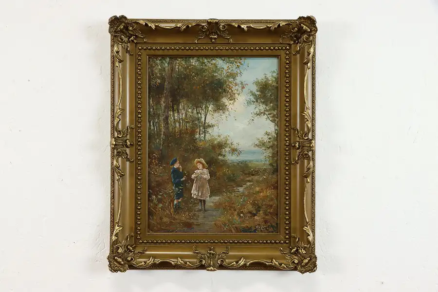 Main image of Children on Path, Original Antique Victorian Oil Painting, Martin 22.5"