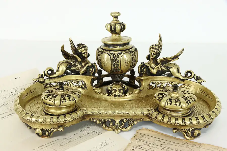 Main image of Classical Antique Brass Triple Inkwell with Sphinx Figures