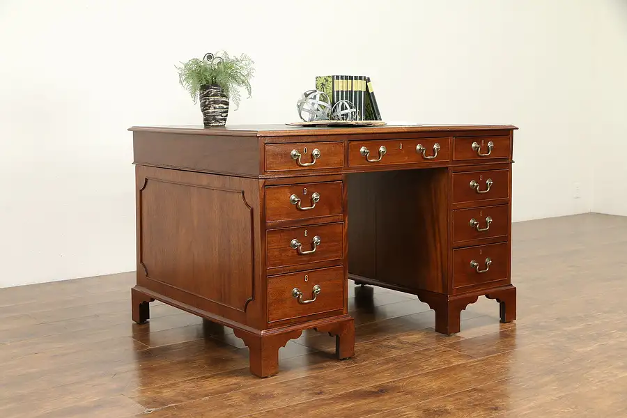 Main image of English 1930's Vintage Mahogany Library or Office Desk, Leather Top