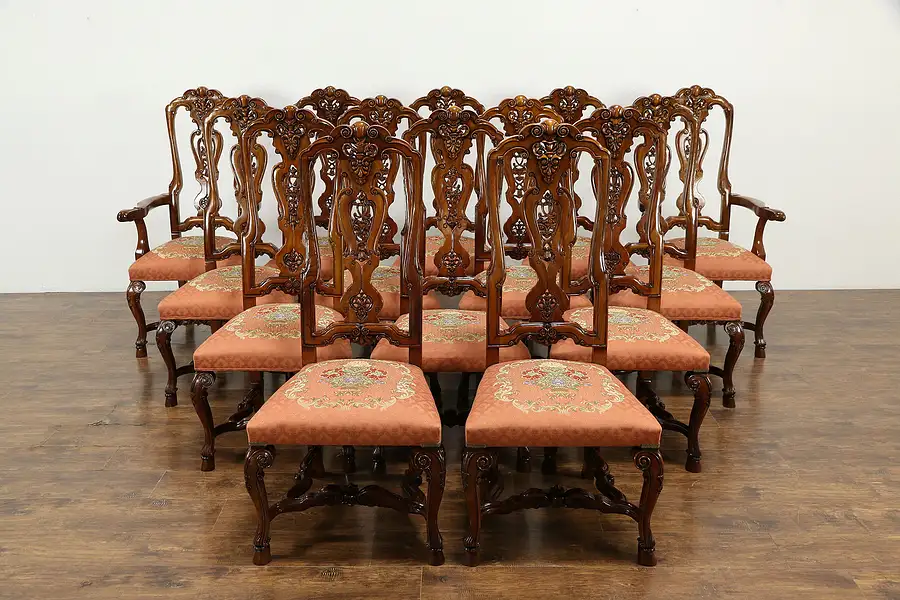 Main image of Set of 14 Carved Mahogany Vintage Dining Chairs, Tapestry Seats