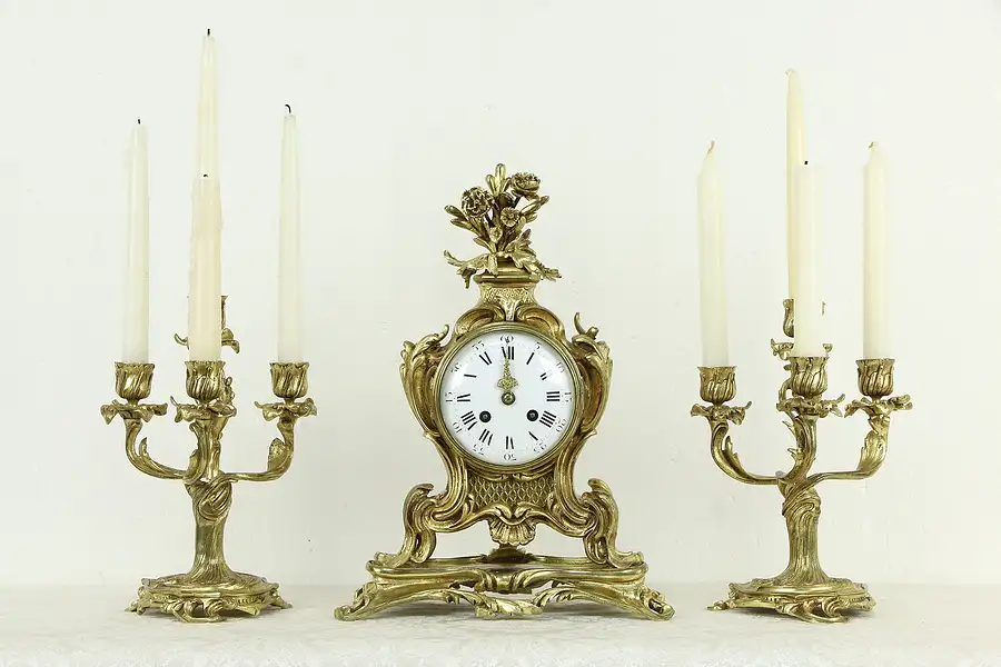 Main image of Bronze Antique French Mantel Clock & Candelabra Set, Japy Freres