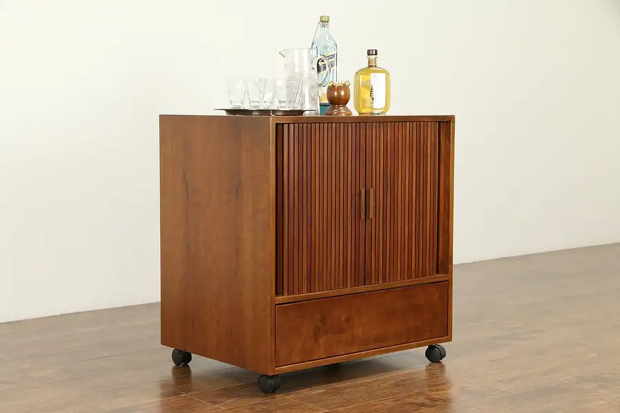 Main image of Midcentury Modern Vintage Cherry Entertainment Bar Cabinet, Roll Doors