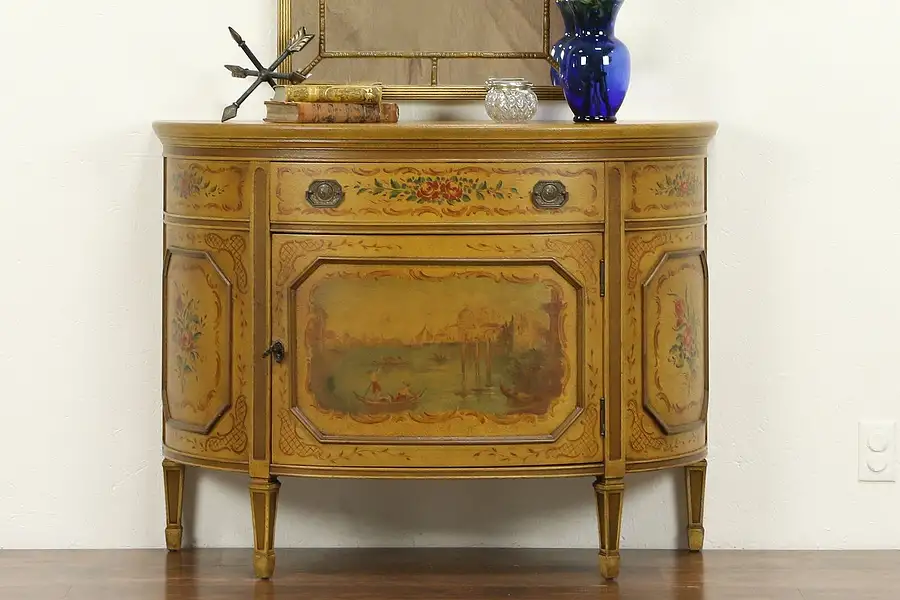 Main image of Demilune Half Round Vintage Hall Console, Hand Painted Venice Scene