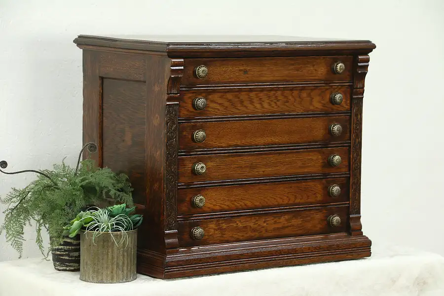 Main image of 13Oak Antique 6 Drawer Spool Cabinet, Jewelry or Collector Chest, Signed Coats