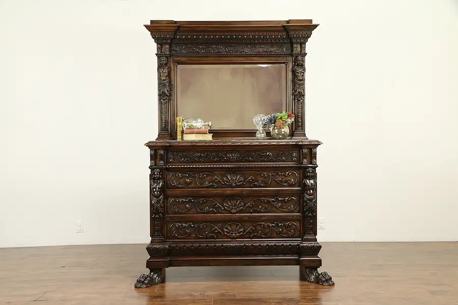 Main image of Renaissance Antique Walnut Chest or Dresser, Marble, Carved Paws, Italy