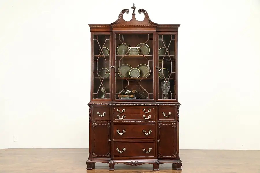 Main image of Georgian Chippendale Vintage Mahogany Breakfront China Display Cabinet