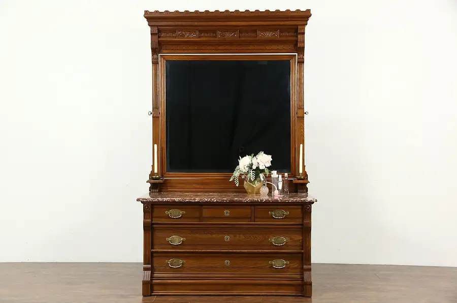 Main image of Victorian Eastlake Antique Marble Top Chest or Dresser, Beveled Mirror