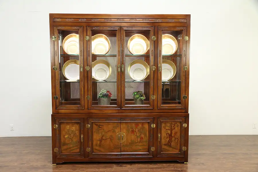 Main image of Chinese Carved Vintage Lighted China Display Cabinet, Signed Bernhardt