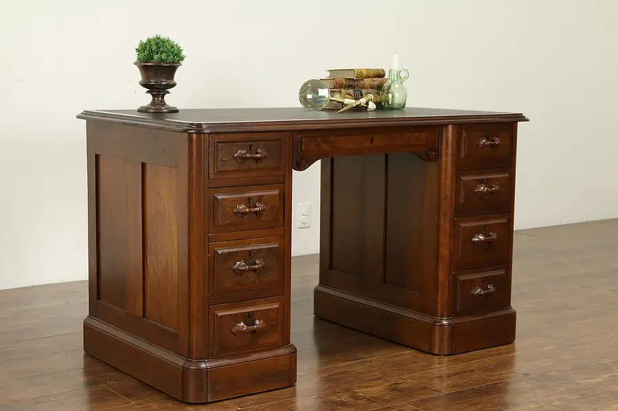 Main image of Victorian Antique Walnut & Burl Desk, Leather Top, Carved Pulls