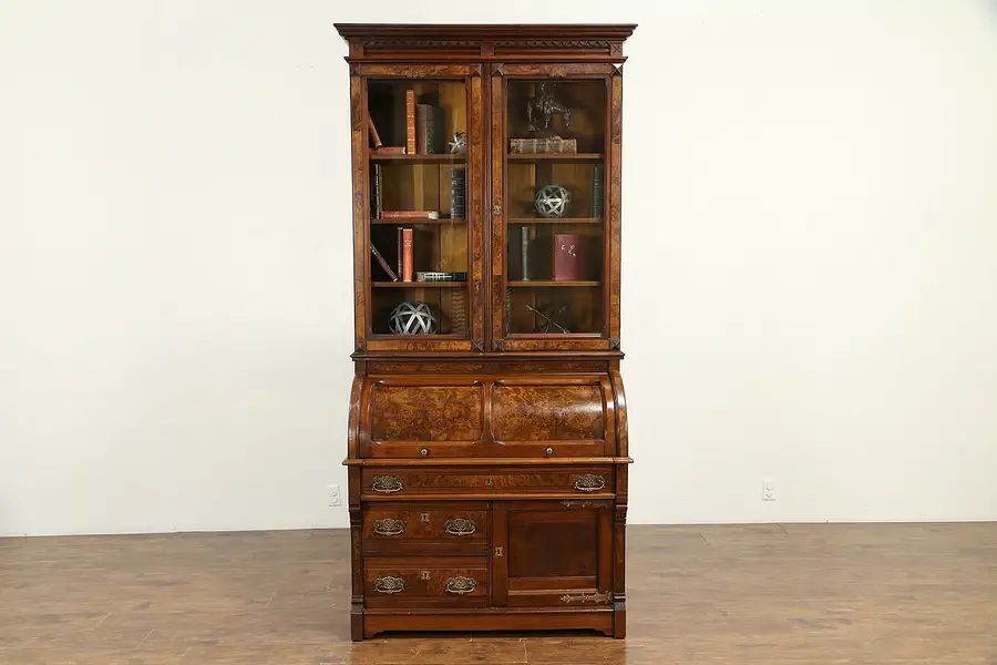 Main image of Victorian Antique Walnut Cylinder Roll Top Secretary Desk & Bookcase