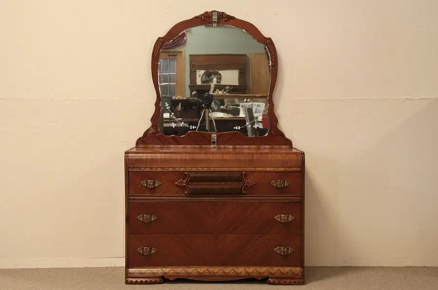 Main image of Art Deco Waterfall Chest or Dresser & Mirror