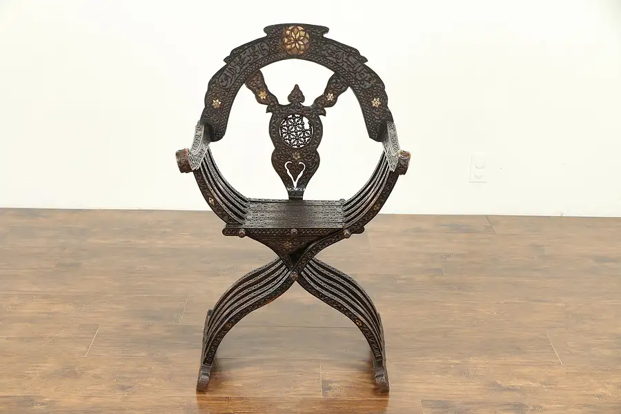 Main image of Egyptian Antique Carved Savonarola Chair, Pearl Inlay, Arabic Inscription