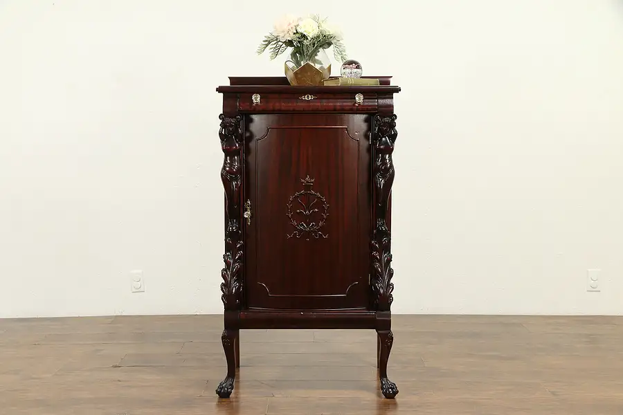 Main image of Mahogany Antique Music or Folio File Cabinet, Carved Figures, Paw Feet