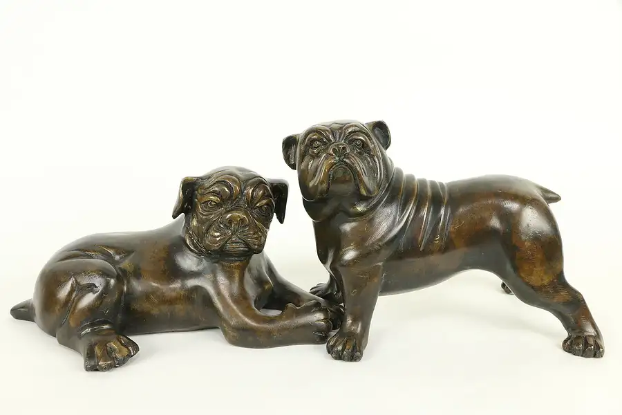 Main image of Pair of Vintage Bronze Standing & Sitting Bulldog Sculptures