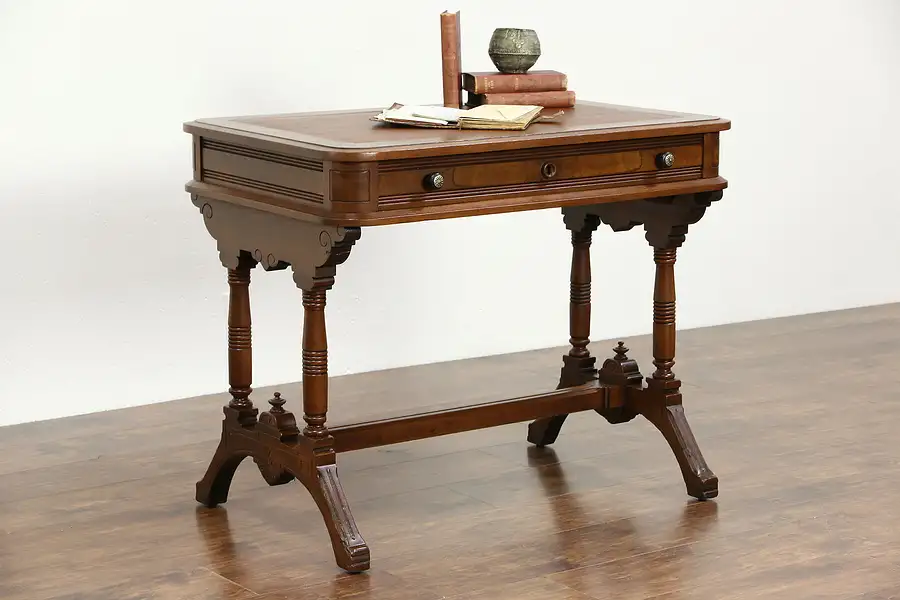 Main image of Victorian 1880 Antique Walnut Library Desk Writing Table, Leather Top