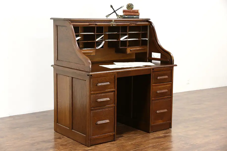 Main image of Oak S Curve 1895 Antique Rolltop Desk, Signed Tebbit of Birmingham