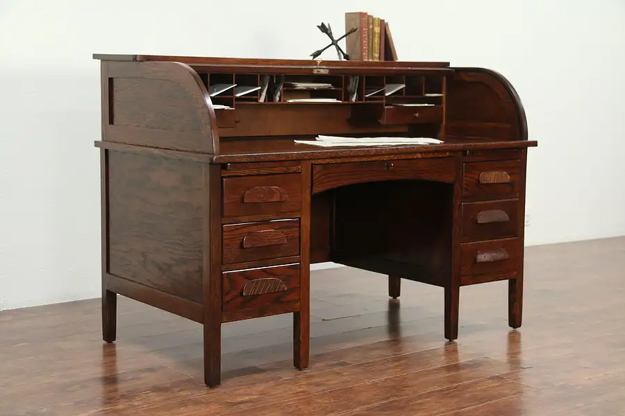 Main image of Oak Antique 1910 "C" Curve Roll Top Desk, Working Locks