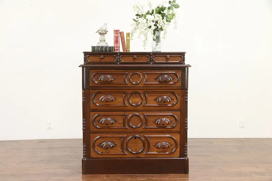 Main image of Victorian Antique Carved Walnut & Chestnut Dresser or Chest