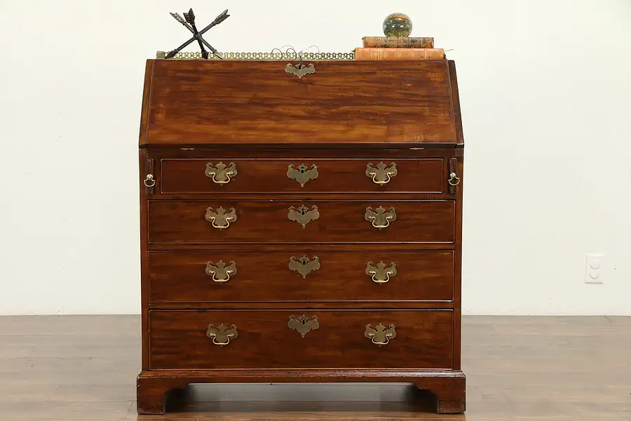 Main image of Georgian Antique 1790 English Mahogany Secretary Desk, Brass Gallery