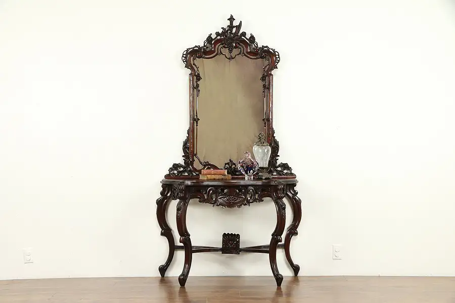 Main image of Mahogany Vintage Hall Console Table & Mirror, Grape Carved