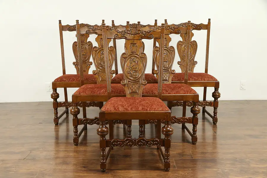 Main image of Set of 6 Antique Carved Oak Rathskeller Scandinavian Dining Chairs