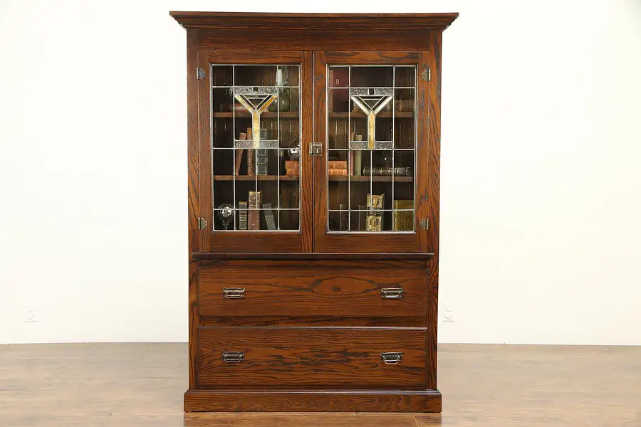 Main image of Arts & Crafts Mission Oak Antique Bookcase, China Cabinet, Leaded Glass