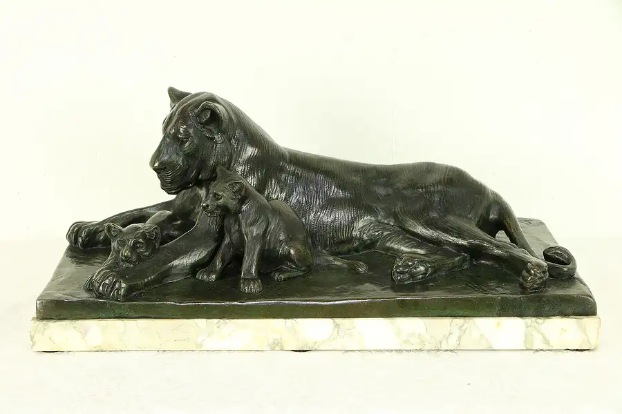 Main image of Bronze French Antique Sculpture of Lion & Cubs, Statue Signed Piot