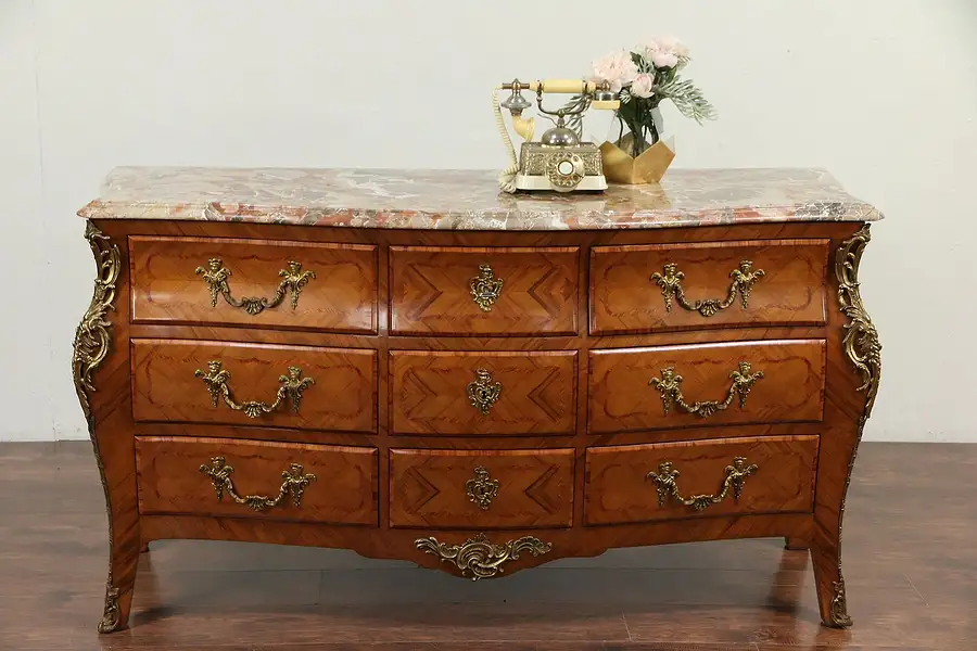 Main image of Bombe Vintage Italian Chest or Dresser, Rosewood Marquetry, Marble Top