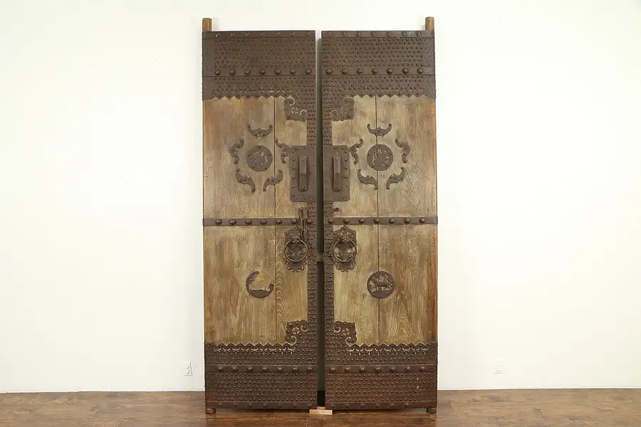 Main image of Pair of Antique Architectural Salvage Chinese Temple Doors, Iron Mounts