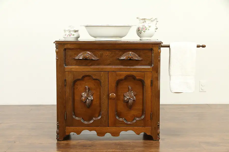 Main image of Victorian Antique Walnut Small Chest or Commode, Towel Bar Carved Pulls