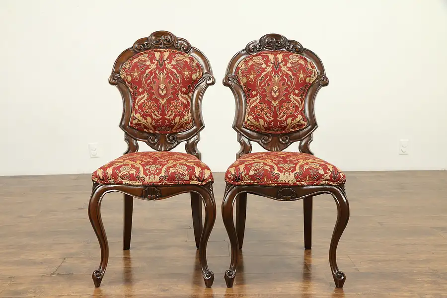 Main image of Pair of Hand Carved Fruitwood Italian Vintage Chairs, New Upholstery