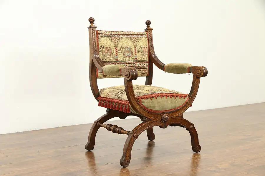 Main image of Hand Carved Oak Antique French Chair, Elephant Upholstery