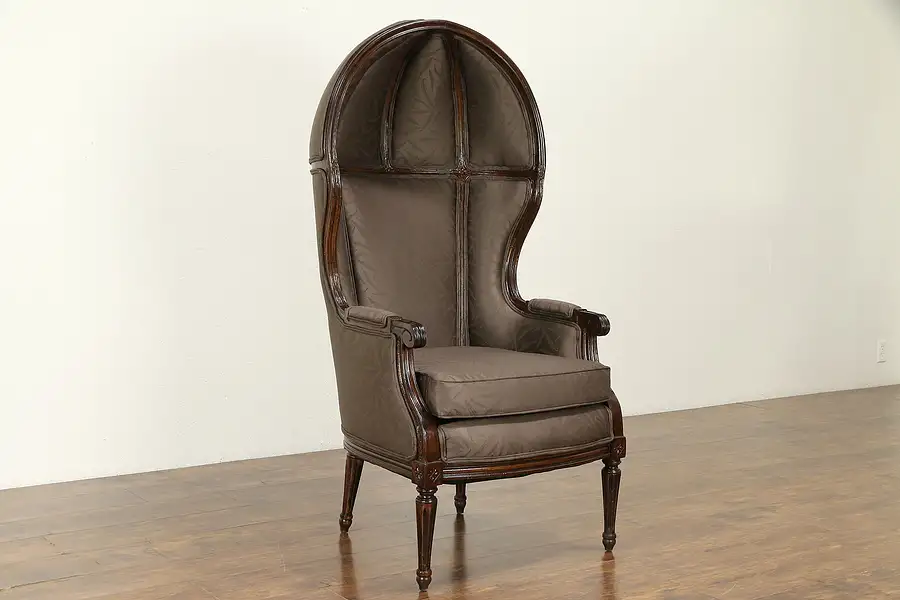 Main image of Traditional Vintage Carved Hooded Hall Porter Chair, New Upholstery