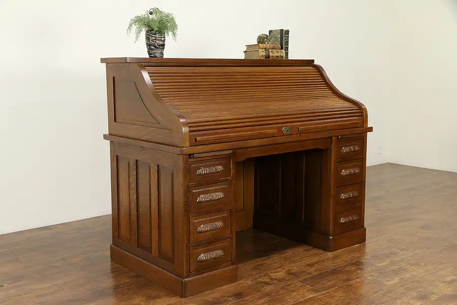 Main image of Quartersawn Oak Antique Roll Top Library or Office Desk, Raised Panels