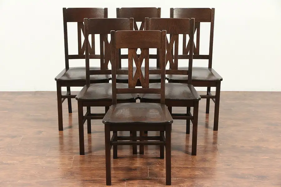 Main image of Set of 6 Arts and Crafts Mission Oak Antique Craftsman Dining Chairs