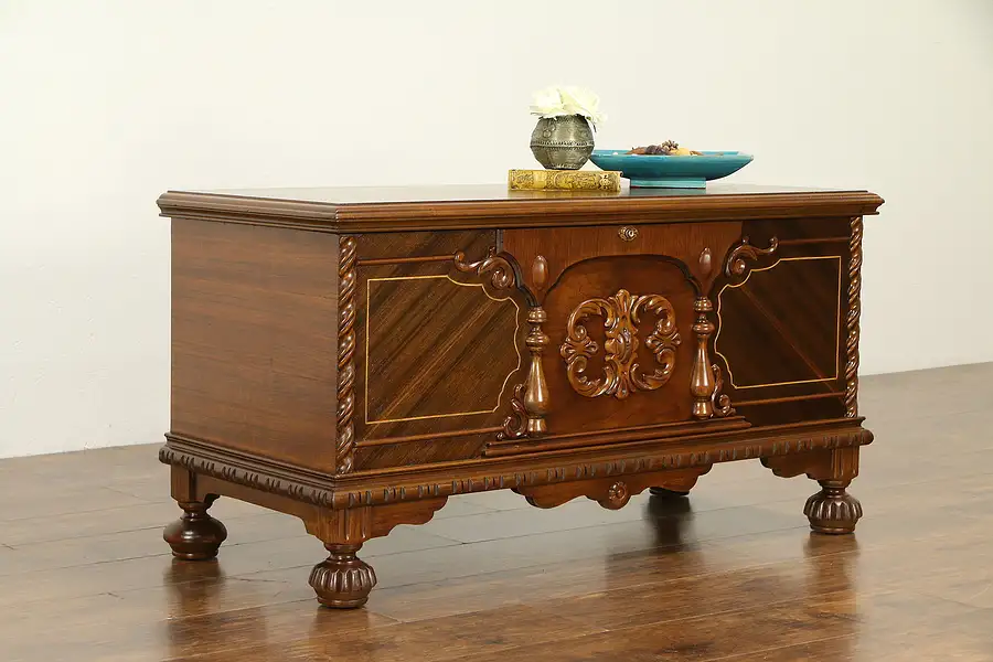 Main image of Tudor 1930's Vintage Carved Cedar Lined Blanket Chest, Lane